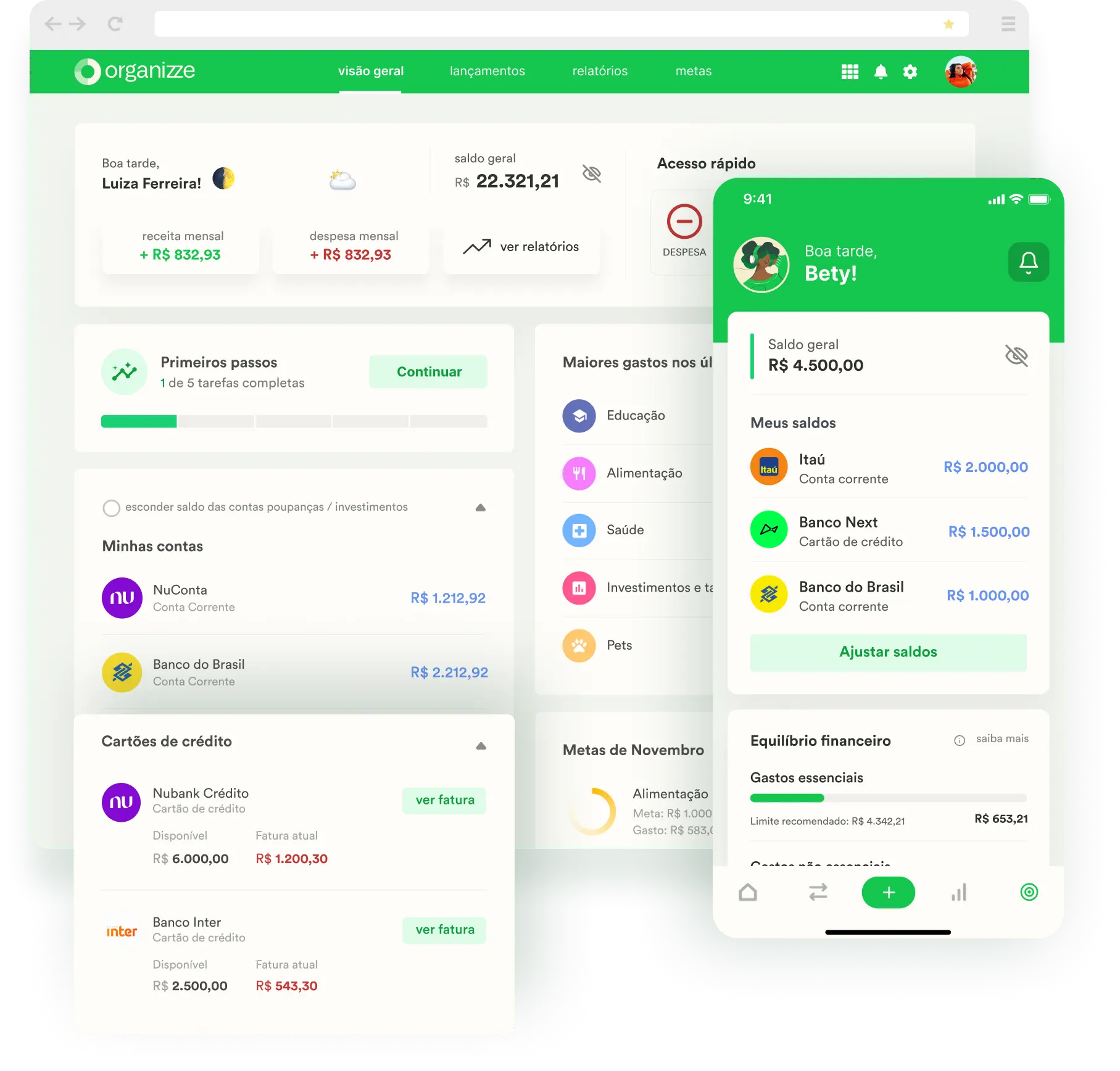 Imagem com prints de diferentes funcionalidades do Organizze, um app repleto de funcionalidades para realizar um controle financeiro pessoal eficiente