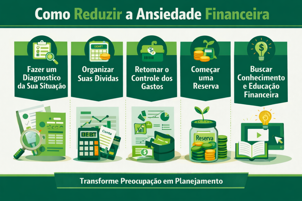 Infográfico digital mostrando dicas de como diminuir a ansiedade financeira.
