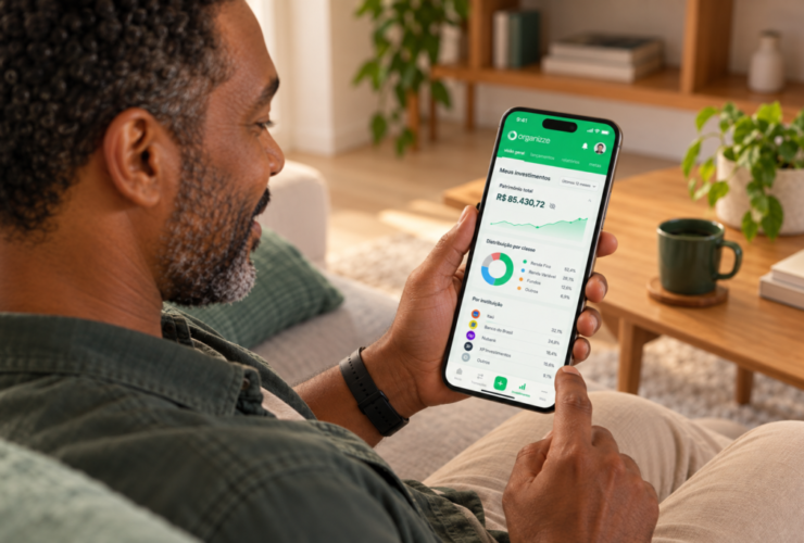 Homem utilizando celular para acompanhar carteira de investimentos