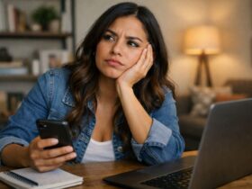 Uma mulher jovem com cabelos castanhos ondulados está sentada à mesa com uma expressão pensativa e levemente preocupada. Ela apoia o rosto em uma das mãos enquanto segura um smartphone com a outra. À sua frente, há um notebook aberto e um caderno de anotações, sugerindo que ela está analisando suas finanças e cogitando a possibilidade de antecipar parcelas de alguma dívida ou investir o valor. O ambiente ao fundo é uma sala de estar com iluminação quente e acolhedora.