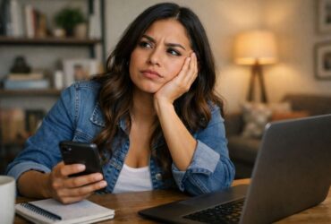 Uma mulher jovem com cabelos castanhos ondulados está sentada à mesa com uma expressão pensativa e levemente preocupada. Ela apoia o rosto em uma das mãos enquanto segura um smartphone com a outra. À sua frente, há um notebook aberto e um caderno de anotações, sugerindo que ela está analisando suas finanças e cogitando a possibilidade de antecipar parcelas de alguma dívida ou investir o valor. O ambiente ao fundo é uma sala de estar com iluminação quente e acolhedora.