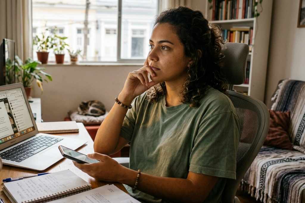 Uma mulher de perfil com cabelos cacheados presos está sentada em um escritório doméstico, olhando fixamente para o horizonte com a mão no queixo em um gesto de reflexão profunda. Ela segura um celular e tem um notebook e cadernos abertos sobre a mesa de madeira. A cena ilustra o aspecto psicológico e a tomada de decisão no planejamento financeiro pessoal, como o momento de avaliar se é melhor investir o dinheiro disponível ou antecipar parcelas para se livrar de pendências de longo prazo.