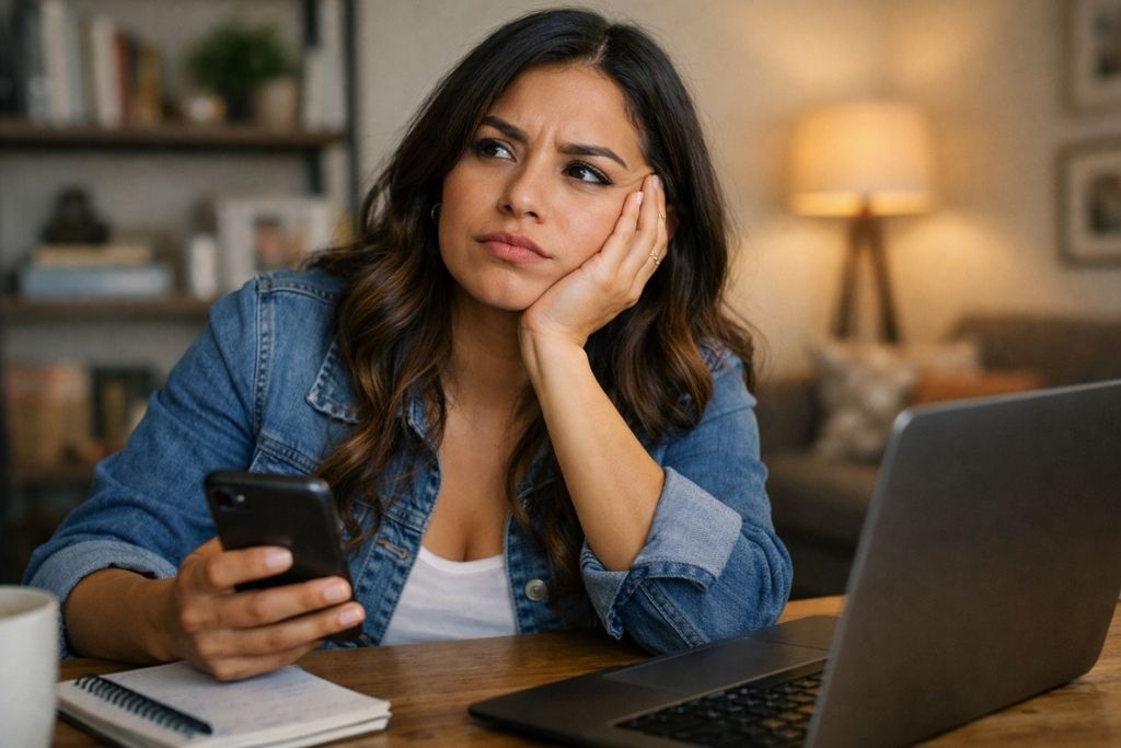Uma mulher jovem com cabelos castanhos ondulados está sentada à mesa com uma expressão pensativa e levemente preocupada. Ela apoia o rosto em uma das mãos enquanto segura um smartphone com a outra. À sua frente, há um notebook aberto e um caderno de anotações, sugerindo que ela está analisando suas finanças e cogitando a possibilidade de antecipar parcelas de alguma dívida ou investir o valor. O ambiente ao fundo é uma sala de estar com iluminação quente e acolhedora.