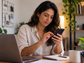 Mulher consulta o celular à mesa, com notebook e caderno, para usar calculadora renda fixa.
