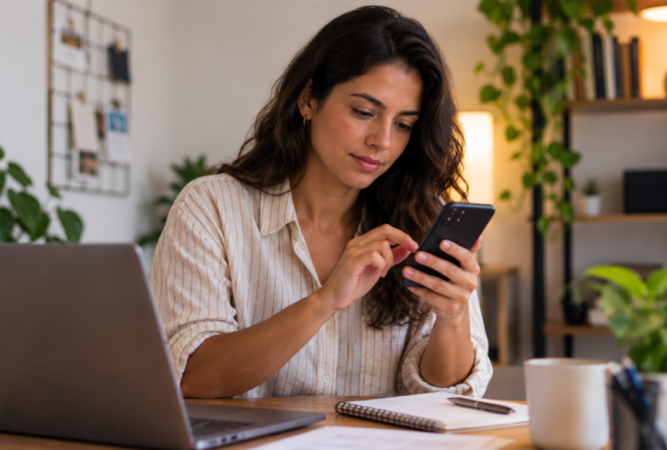 Mulher consulta o celular à mesa, com notebook e caderno, para usar calculadora renda fixa.