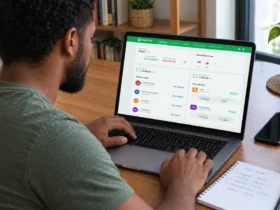Calendário financeiro: saiba como organizar suas finanças com método 7 Homem organiza contas no notebook com apoio de calendário financeiro da Organizze.
