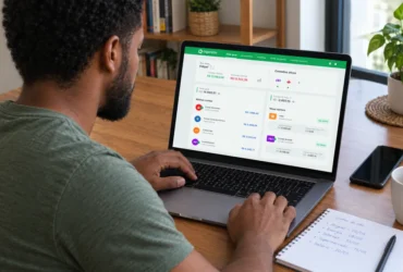 Homem organiza contas no notebook com apoio de calendário financeiro da Organizze.