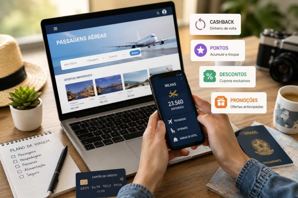 Pessoa pesquisando passagens aéreas e acompanhando programas de cashback, milhas e descontos para economizar em viagens.