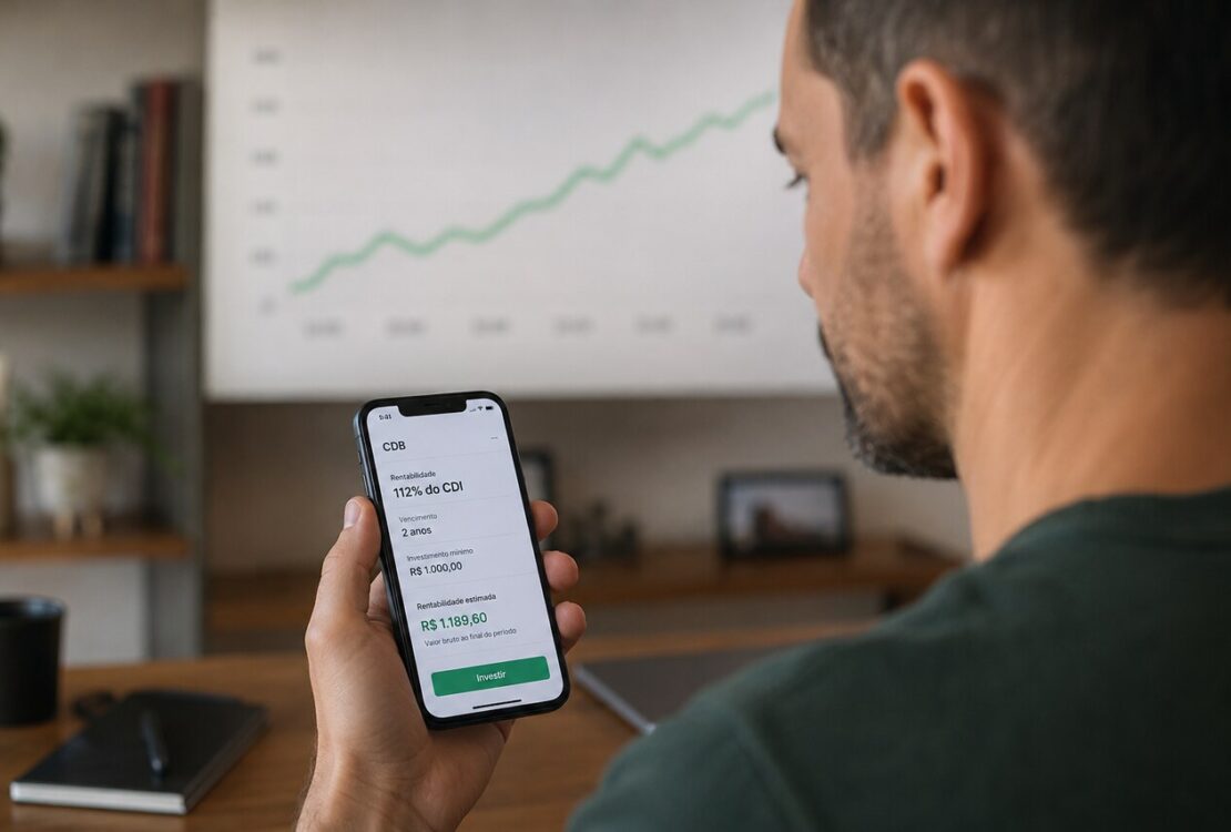 Pessoa analisando opções de investimento em CDB ou CDI no celular com gráfico de rentabilidade ao fundo