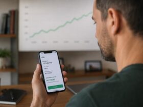 CDB ou CDI: qual a diferença e como isso afeta os seus investimentos? 4 Pessoa analisando opções de investimento em CDB ou CDI no celular com gráfico de rentabilidade ao fundo