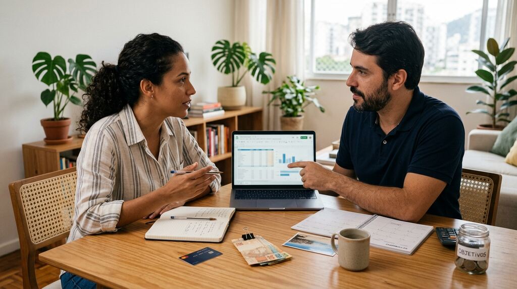 Salário líquido: entenda como calcular e organizar o seu dinheiro 3 Homem e mulher aprendendo como calcular o salário líquido.