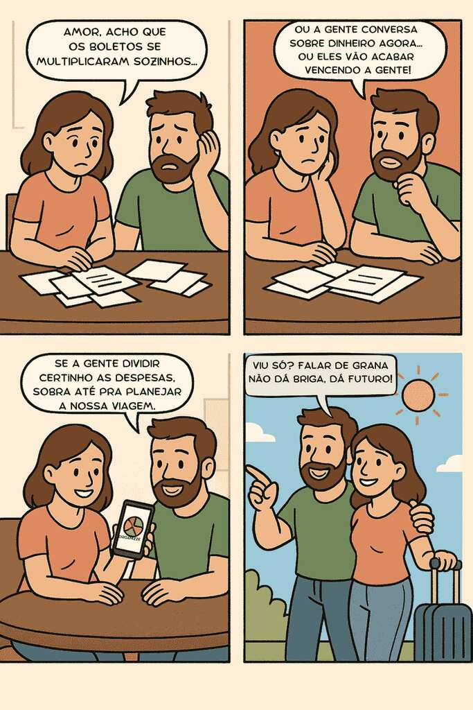 Como dividir as finanças do casal? Guia simples e eficiente 2 tirinha apresentando um casal conversando sobre como dividir as finanças do casal