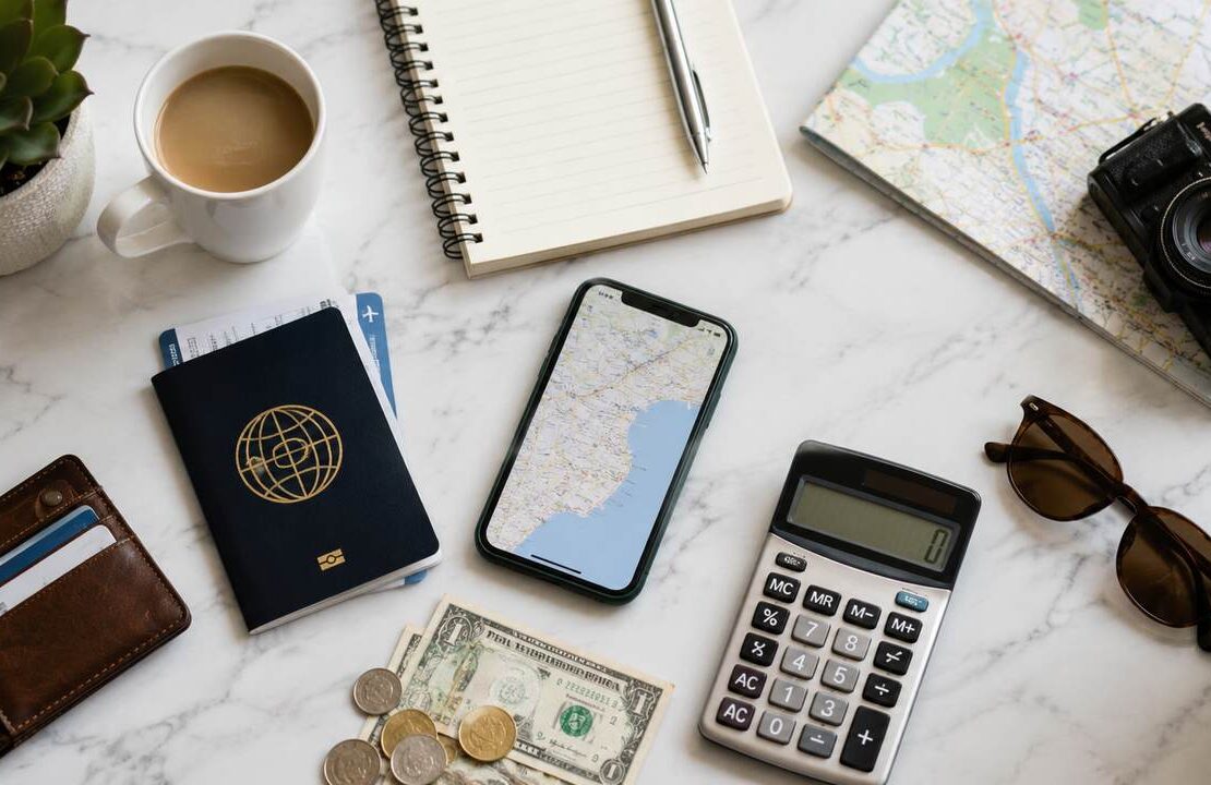 Passaporte, moedas e notas de dinheiro, cadernos, mapas, canetas e calculadora, representando como economizar em viagens.