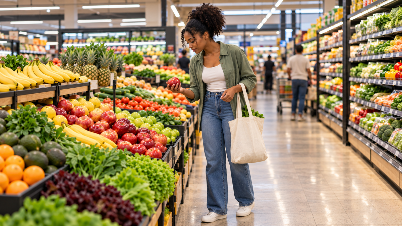 Lista de compra do mês: o que não esquecer e como economizar 1 Mulher negra escolhe uma maçã com sacola reutilizável, ilustrando como economizar nas compras de supermercado.