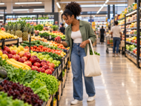 Mulher negra escolhe uma maçã com sacola reutilizável, ilustrando como economizar nas compras de supermercado.