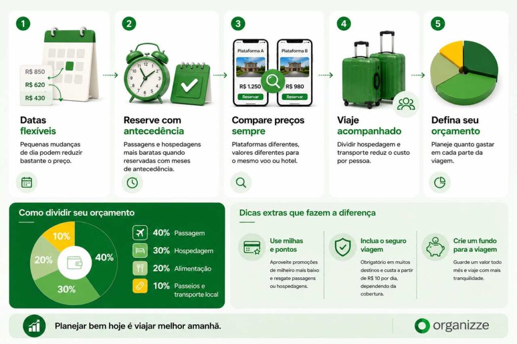 Onde viajar barato: destinos no Brasil e pelo mundo para economizar 2 Infográfico mostrando como economizar no planejamento da viagem.