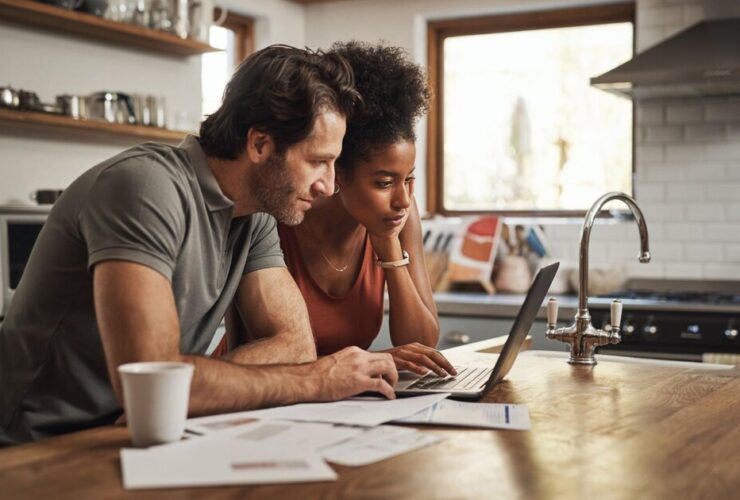 casal usando o computador para aprender como fazer conciliação bancária