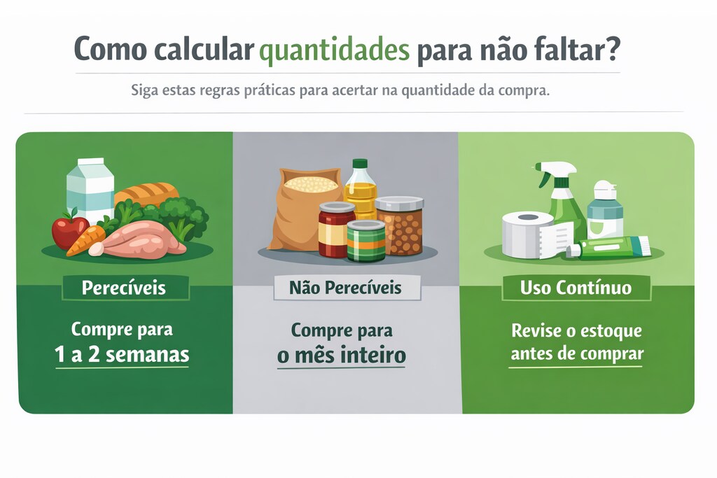 Infográfico explicativo sobre como calcular a quantidade de alimentos na lista de compra do mês.