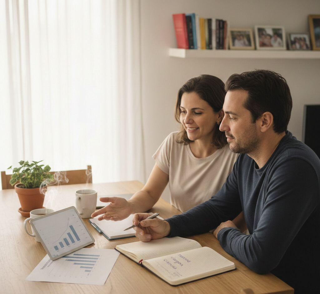 Guia: onde começar a investir com pouco dinheiro? Dicas práticas! 3 Casal analisando gráficos financeiros e planejando metas, ilustrando onde começar a investir com pouco dinheiro e organizar aportes mensais.