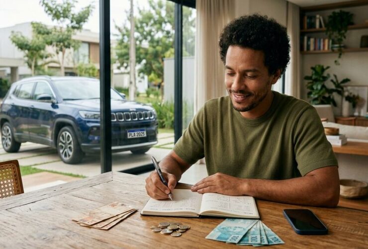 Homem em casa fazendo planejamento de como juntar dinheiro para comprar um carro.