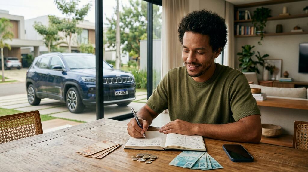 Homem em casa fazendo planejamento de como juntar dinheiro para comprar um carro.