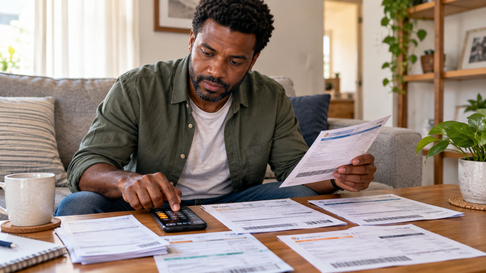 Como organizar as contas? Dicas valiosas para você! 1 Homem analisa boletos e usa calculadora em casa para entender como organizar as contas.