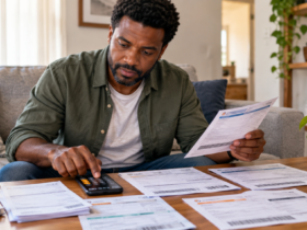 Como organizar as contas? Dicas valiosas para você! 3 Homem analisa boletos e usa calculadora em casa para entender como organizar as contas.