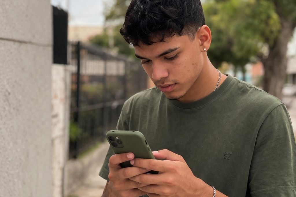 Como quitar dívidas: passo a passo para limpar seu nome definitivamente 3 Um jovem brasileiro de camiseta verde e cordão de prata está em uma área externa, focado na tela de seu smartphone. Ele segura o aparelho com as duas mãos e mantém o olhar baixo, com uma expressão séria. O fundo mostra uma rua com árvores de forma desfocada. A cena representa a busca por informações rápidas ou o uso de aplicativos financeiros para entender como quitar dívidas e gerenciar o orçamento pessoal no dia a dia.