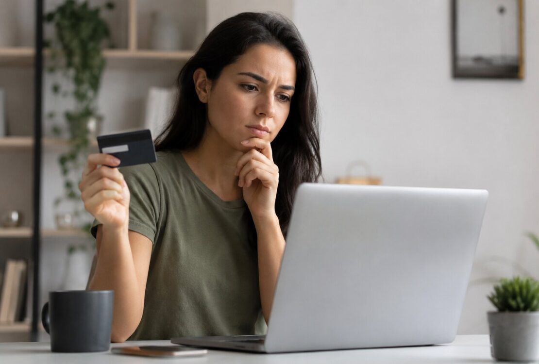 Pessoa segurando cartão de crédito na frente do computador pensando se deve finalizar uma compra online