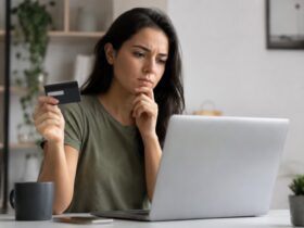 Comprar ou não comprar? Um guia para decidir sem culpa e sem dívida 7 Pessoa segurando cartão de crédito na frente do computador pensando se deve finalizar uma compra online