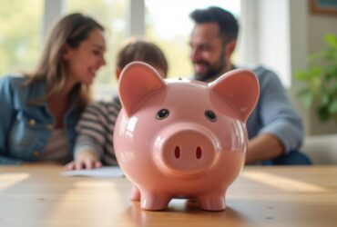 família com porquinho representando o controle financeiro familiar
