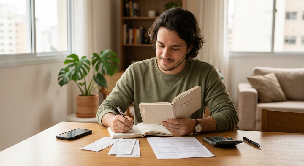 Educação financeira para iniciantes: por onde começar? 2 Homem em casa, fazendo controle financeiro pessoal.