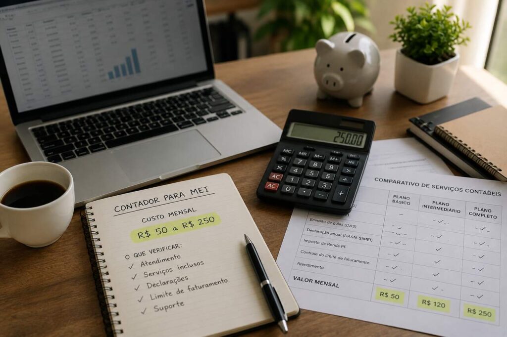 MEI precisa de contador? 2 Mesa de trabalho com notebook, calculadora e documentos usados para comparar custos de serviços contábeis para MEI.