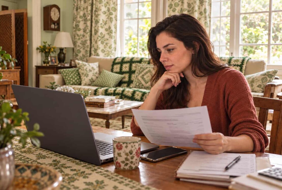 Mulher compara propostas de crédito e custo efetivo total usando notebook e documentos em casa.