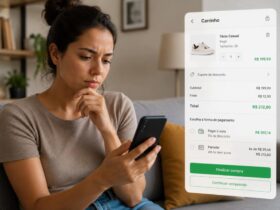 Direito de arrependimento em compras online: tudo o que você precisa saber 4 Pessoa no celular acessando site de compras online com expressão de dúvida sobre cancelar pedido