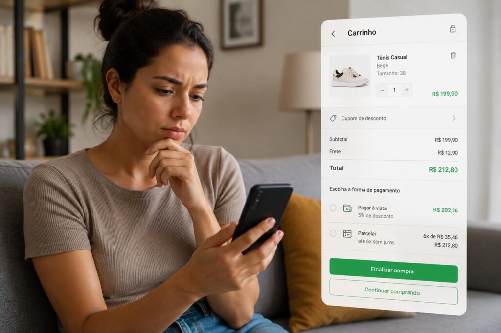 Direito de arrependimento em compras online: tudo o que você precisa saber 1 Pessoa no celular acessando site de compras online com expressão de dúvida sobre cancelar pedido