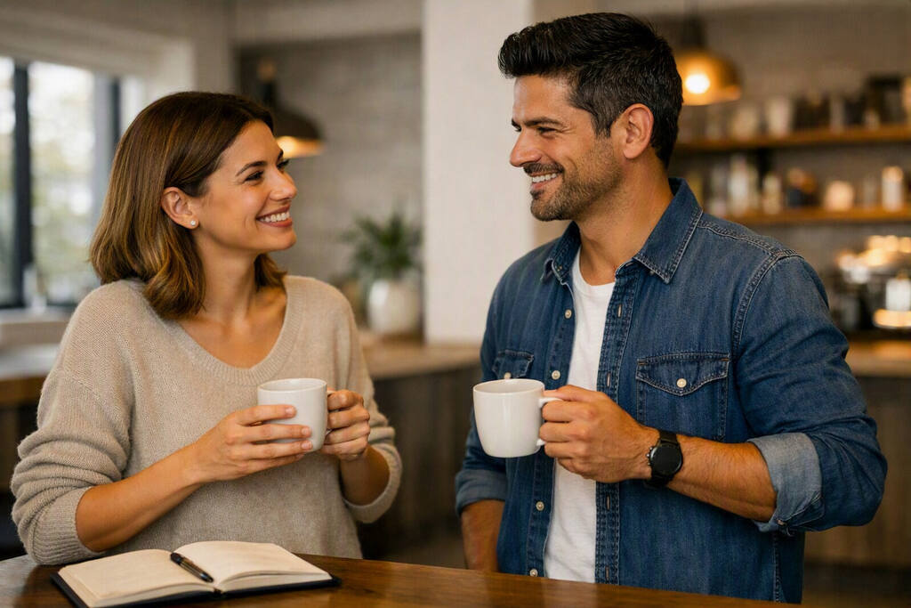Rotinas financeiras: como organizar seu dinheiro com pequenas ações diárias 2 Homem e mulher sorrindo, conversando sobre hábitos financeiros.
