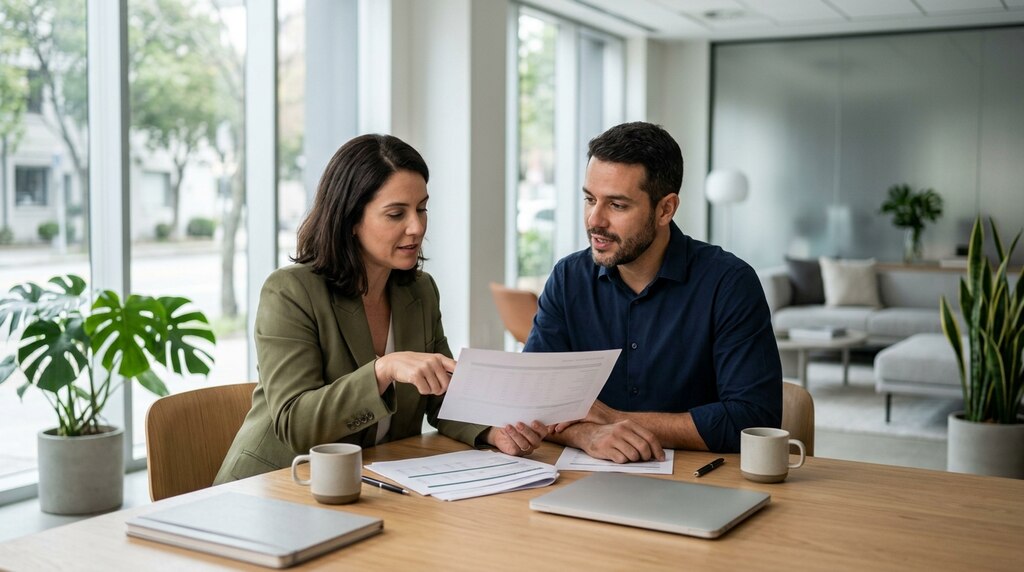 Planejamento financeiro empresarial: como fazer? 3 Homem e mulher lendo indicadores financeiros e tentando evitar erros no planejamento financeiro empresarial.