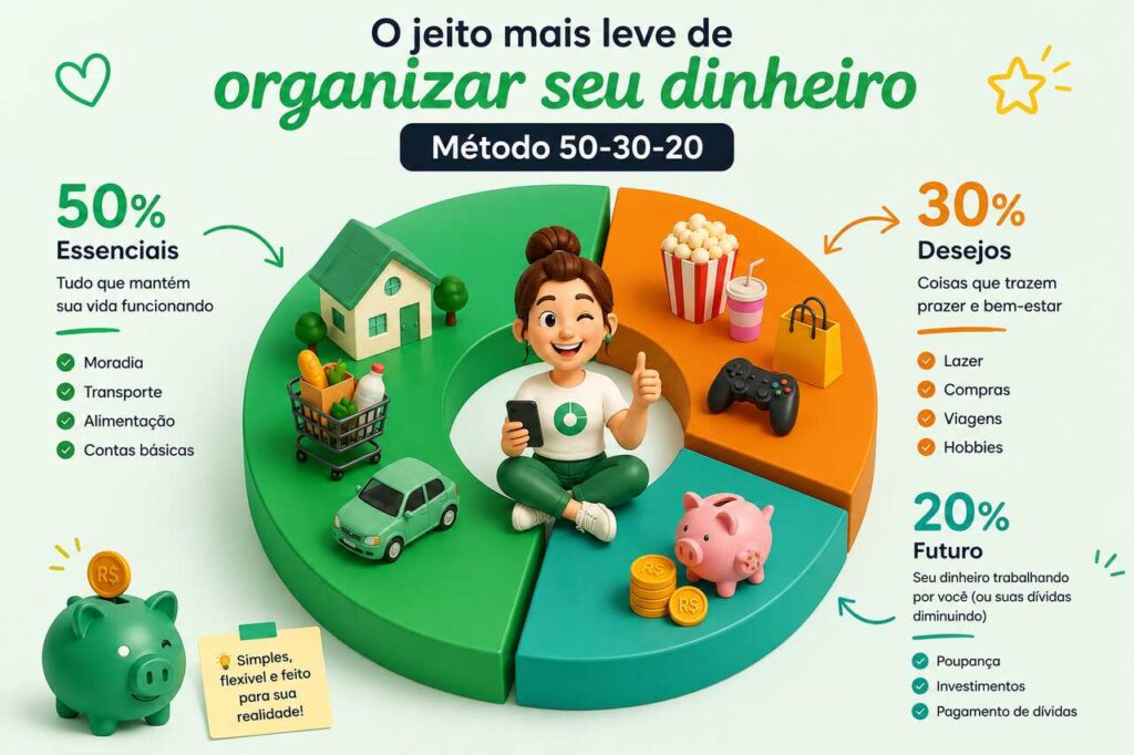 Infográfico em 3D do método 50-30-20