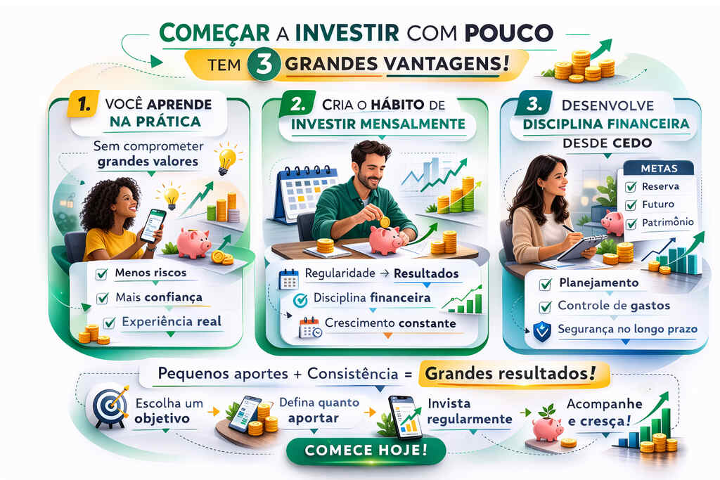 Guia: onde começar a investir com pouco dinheiro? Dicas práticas! 2 Infográfico explicativo mostrando onde começar a investir com pouco dinheiro, destacando vantagens como disciplina financeira, constância e crescimento no longo prazo.