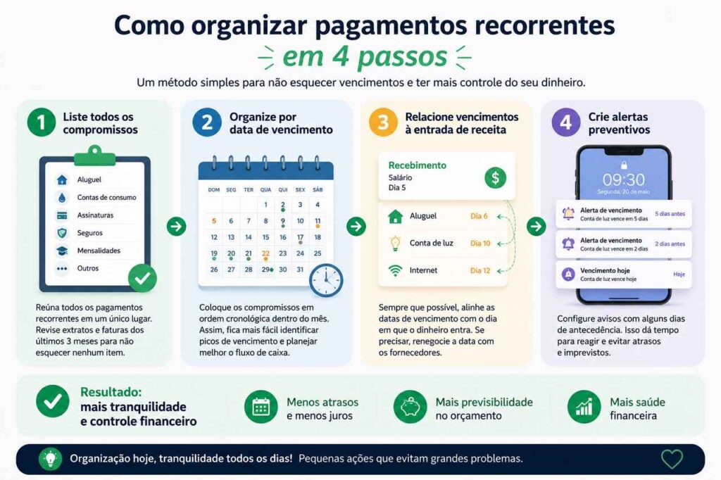 Infográfico com os quatro passos para organizar pagamentos recorrentes sem esquecimentos 
