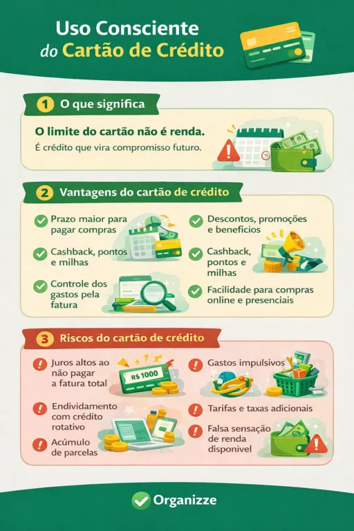 Infográfico com dicas, vantagens e riscos relacionados ao uso consciente do cartão de crédito.