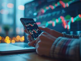 Investidor acessa uma plataforma de investimento automatizado pelo celular, com gráficos em tempo real no fundo.