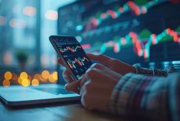 Investidor acessa uma plataforma de investimento automatizado pelo celular, com gráficos em tempo real no fundo.