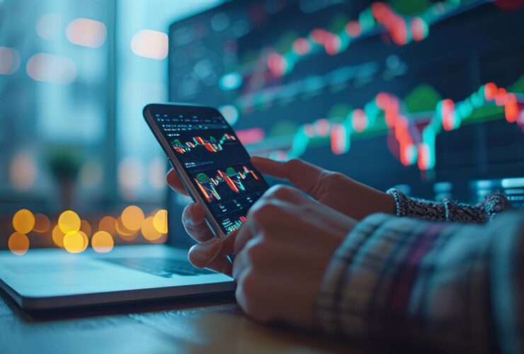 Investidor acessa uma plataforma de investimento automatizado pelo celular, com gráficos em tempo real no fundo.