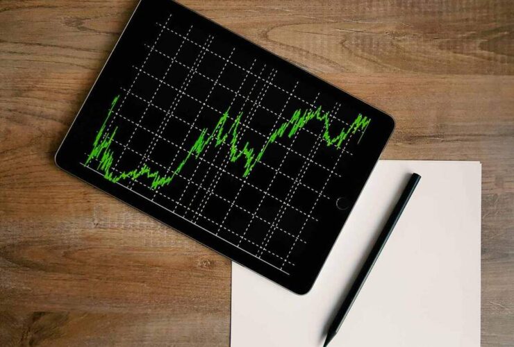 Tablet exibindo gráfico financeiro com linhas verdes sobre fundo preto, indicando variações de mercado ao longo do tempo. Ao lado, uma folha em branco e uma caneta preta repousam sobre uma superfície de madeira, sugerindo um ambiente de análise e planejamento. Imagem representa o compromisso dos investimentos sustentáveis com decisões baseadas em dados e responsabilidade financeira.