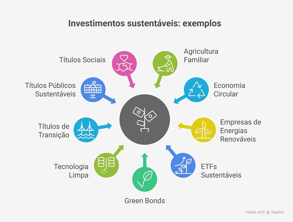 Infográfico ilustrando nove exemplos de investimentos sustentáveis, com ícones coloridos conectados a um símbolo central de sustentabilidade. Os exemplos incluem títulos sociais, agricultura familiar, economia circular, empresas de energias renováveis, ETFs sustentáveis, green bonds, tecnologia limpa, títulos de transição e títulos públicos sustentáveis.