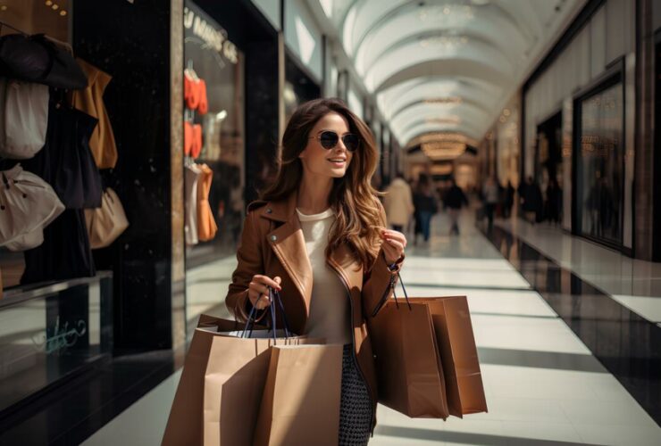 Mulher elegante segurando diversas bolsas de compras em shopping, representando o Lifestyle Creep.