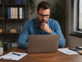 Homem sério em escritório, utilizando notebook para pesquisar se MEI precisa de contador.