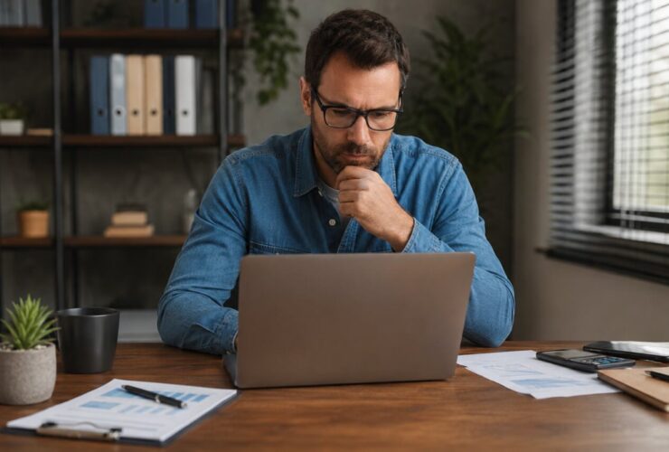 Homem sério em escritório, utilizando notebook para pesquisar se MEI precisa de contador.